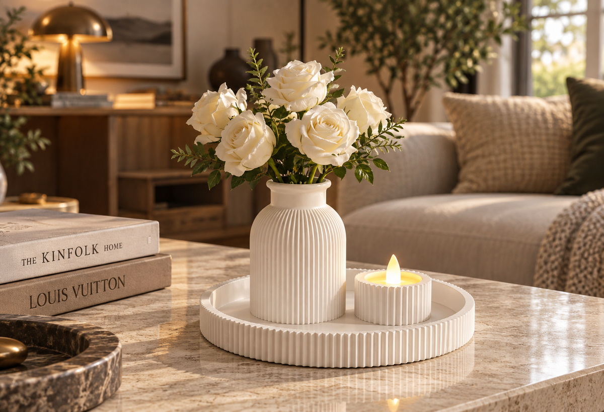 White ribbed vase with white roses, tealight holder and round tray on a marble coffee table
