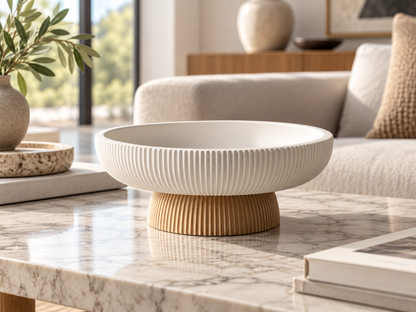 White ribbed pedestal tray with a wood-tone base on a marble coffee table in a bright living room