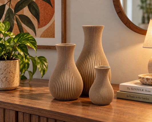 Set of three tan ribbed vases in different sizes on a wooden sideboard beside a plant and a lamp