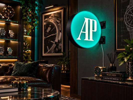 Teal round light box with a white monogram mounted on a dark wall in a watch collector's room