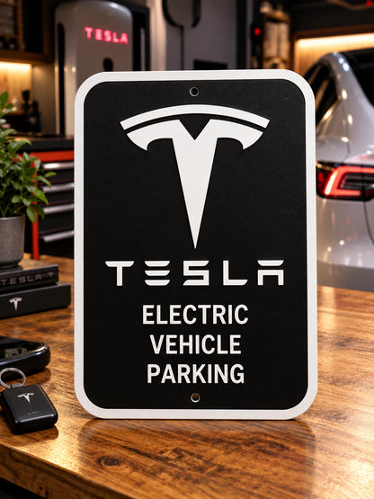 White letters, logo and outline, black background, Tesla EV parking sign on a wooden desk in a garage
