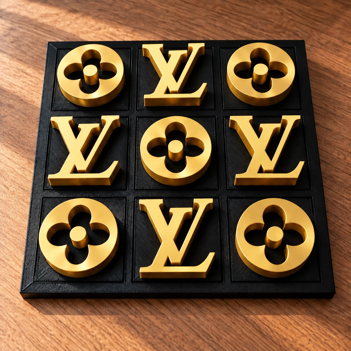 Black board with gold pieces, full set of nine in warm window light