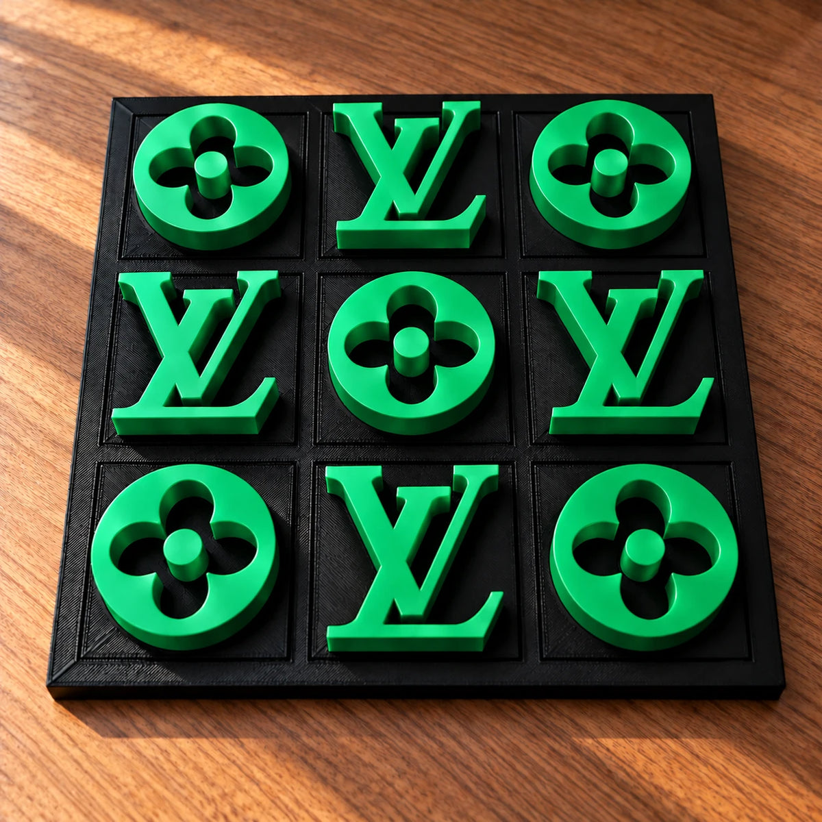 Black board with green pieces, full set of nine in warm window light