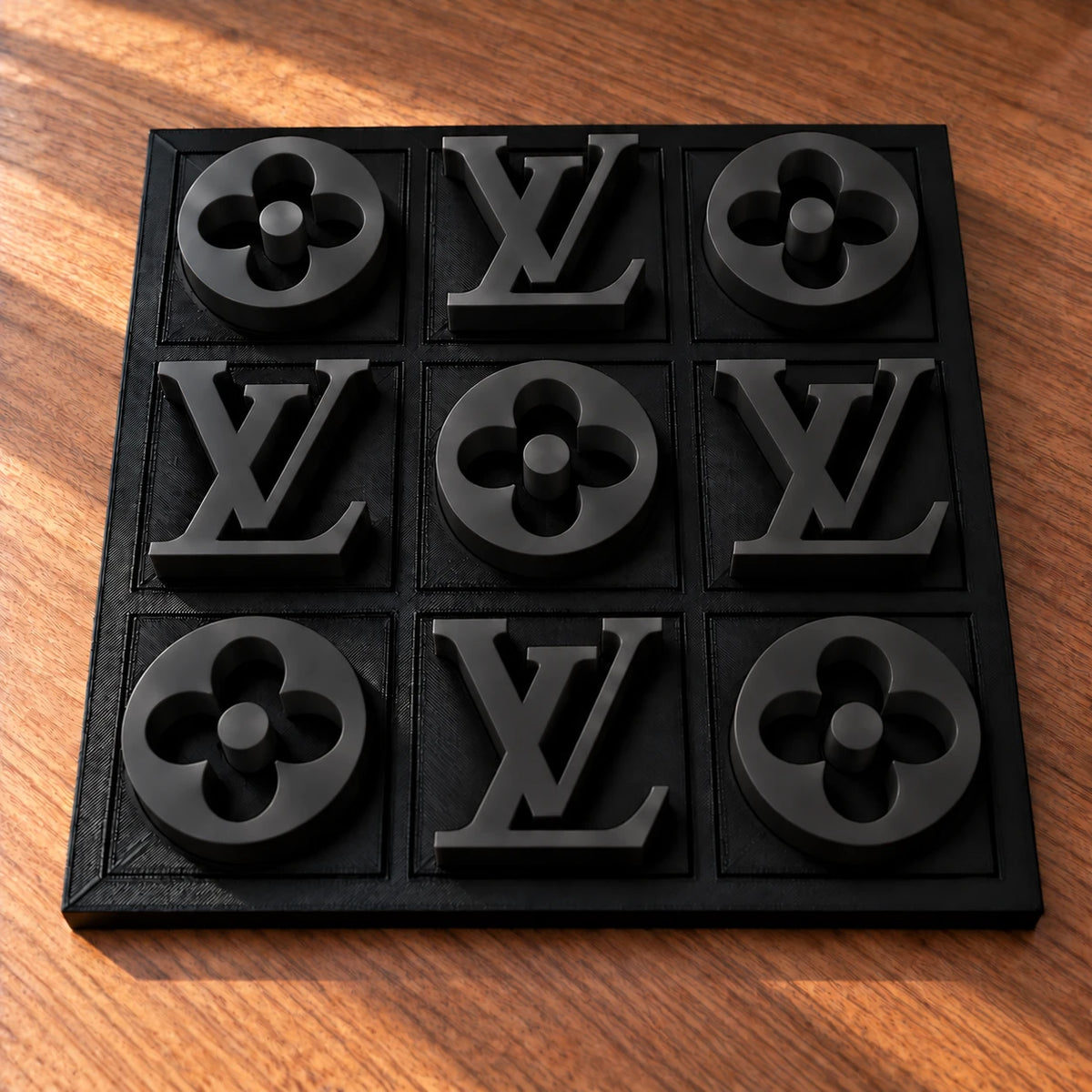 Black board with matte black pieces, full set of nine in warm window light