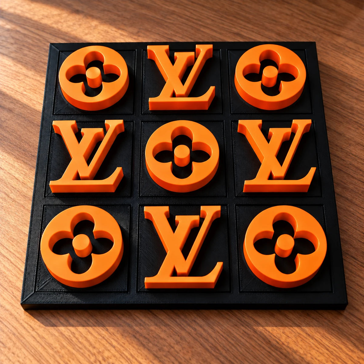 Black board with orange pieces, full set of nine in warm window light