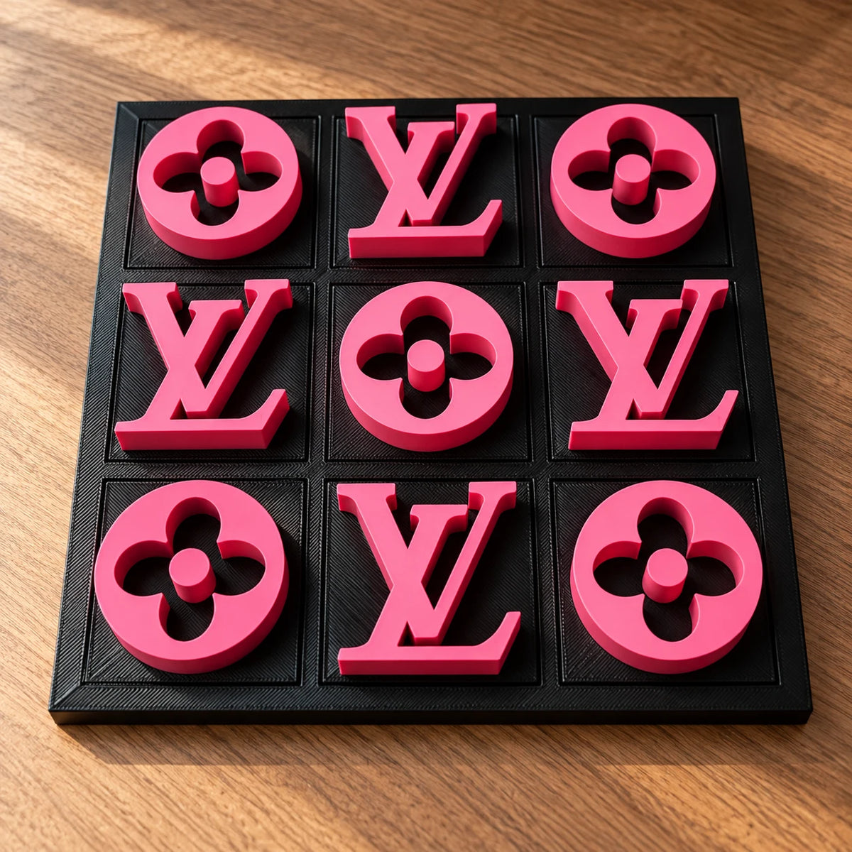 Black board with pink pieces, full set of nine in warm window light