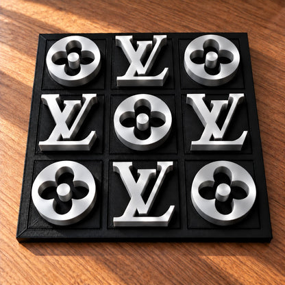 Black board with silver pieces, full set of nine in warm window light