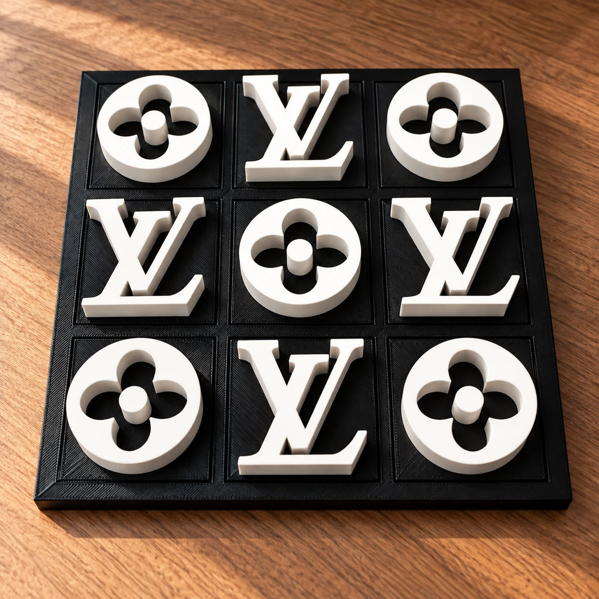 Black board with white pieces, full set of nine in warm window light