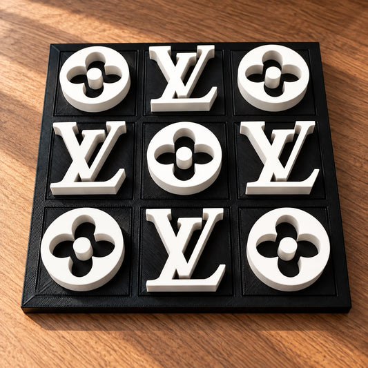 Black board with white pieces, full set of nine in warm window light
