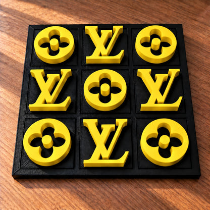 Black board with yellow pieces, full set of nine in warm window light