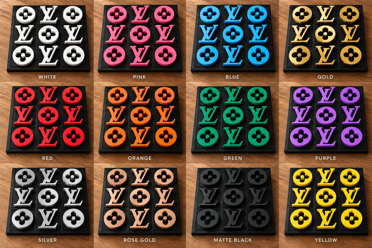 Piece color chart: white, pink, blue, gold, red, orange, green, purple, silver, rose gold, matte black and yellow pieces, each shown on a black board