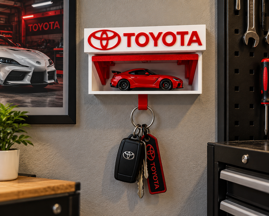 White and red Toyota key holder on a garage wall with a red die-cast Toyota on the shelf and keys on the hook