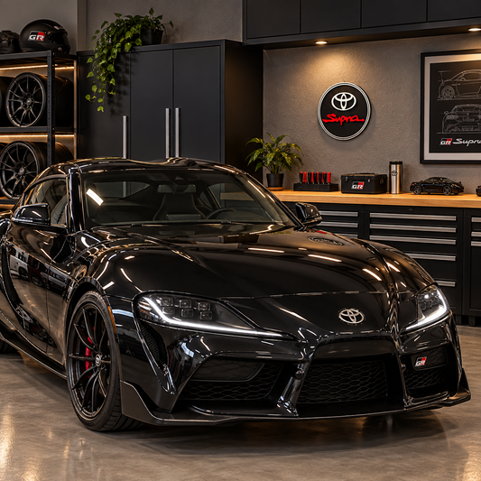 Round black Toyota Supra emblem sign with red script on a garage wall above a workbench, with a black Supra parked in front