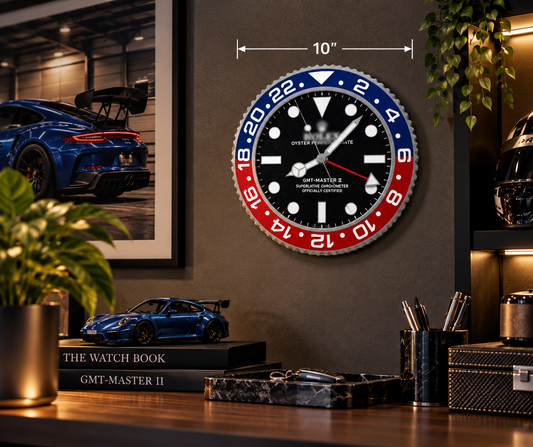 Blue and red bezel 10 inch wall clock on a dark wall above a desk