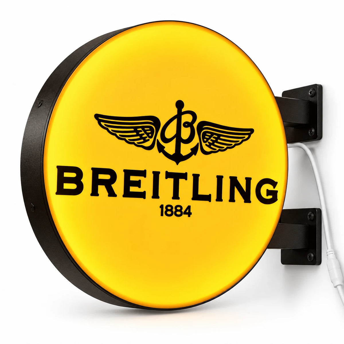 Yellow round double-sided light box with black wall brackets and a white cord