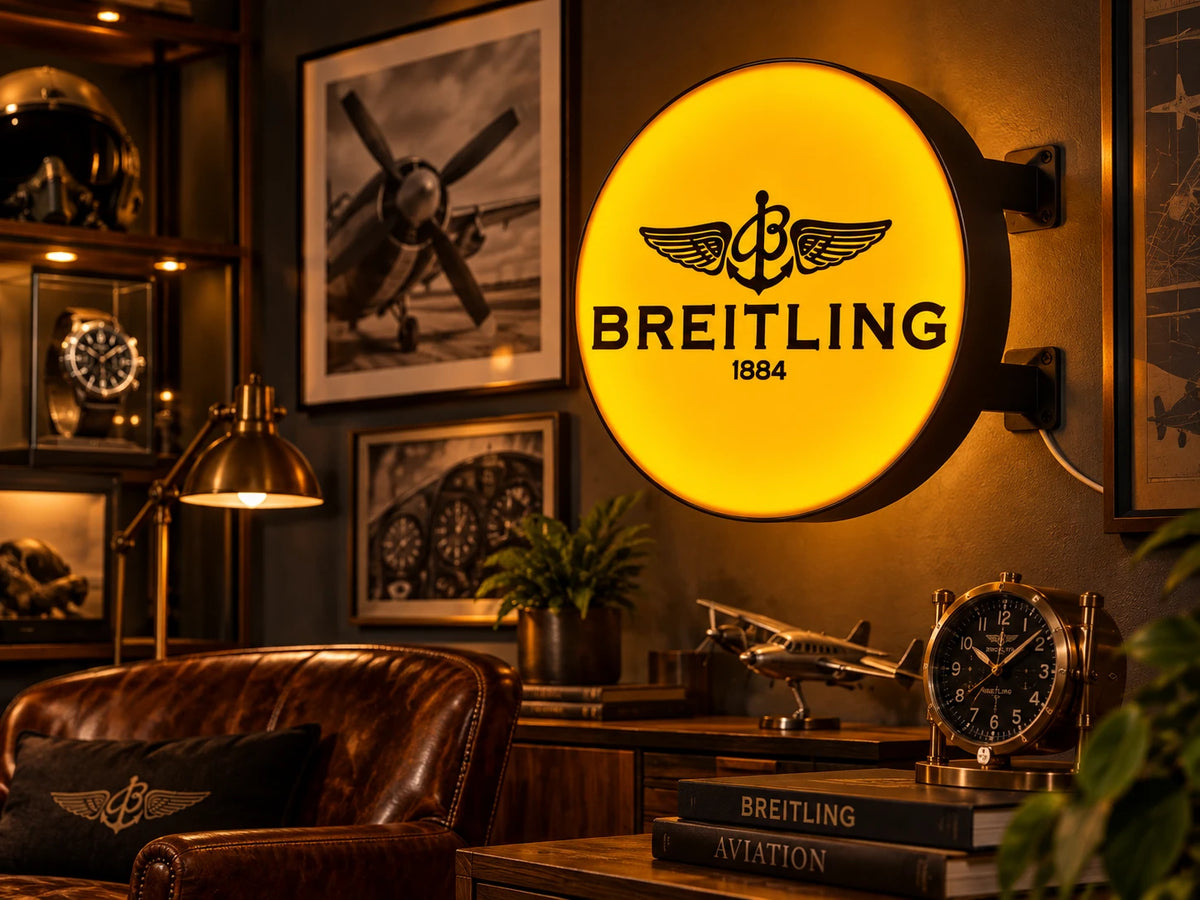 Yellow round light box with black winged lettering mounted on a wall in an aviation-themed room