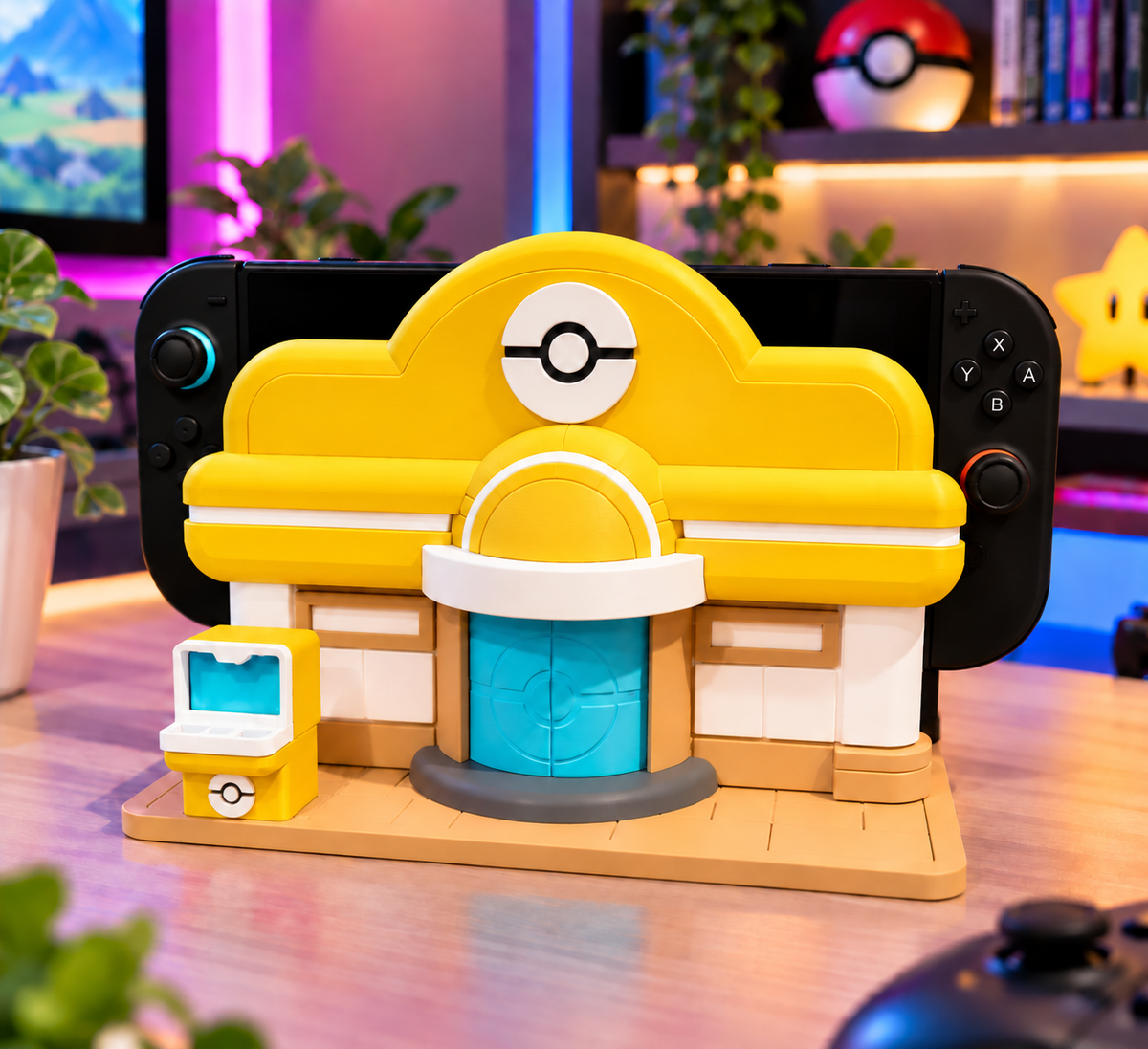 Yellow Switch 2 display stand with a console on a desk